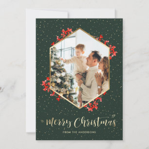 Elegant Green Gold Watercolor Photo Christmas Holiday Card