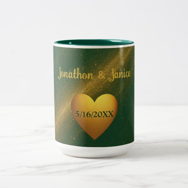 Elegant Green & Gold Wedding Date Two-Tone Coffee Mug (Center)