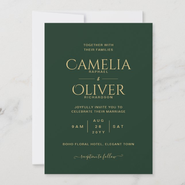 Elegant Green Gold Wedding  Invitation (Front)