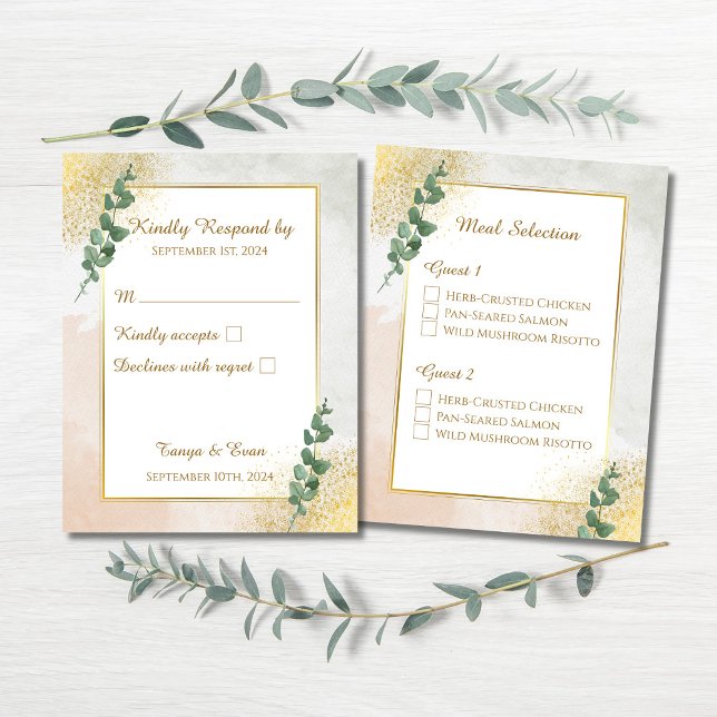 Elegant Green & Gold Wedding RSVP Response Card (Elegant Green & Gold Wedding RSVP & Meal Selection Enclosure Card)