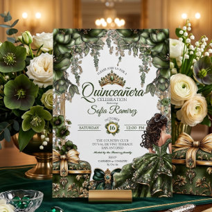Elegant Green Golden Tiara Floral Quinceañera Invitation