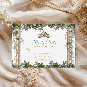Elegant Green Golden Tiara Floral Quinceañera RSVP Card