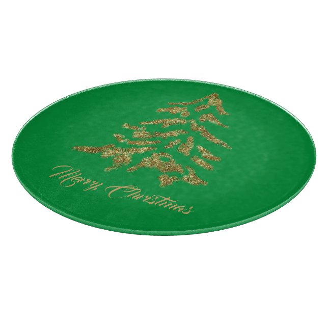 Elegant Green Golden Tree Merry Christmas  Cutting Board (Corner)