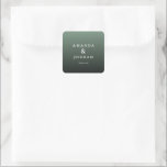 Elegant Green Gratitude Card Square Sticker<br><div class="desc">This elegant wedding sticker features a minimalist design with a soothing gradient background transitioning from light to dark green. The layout is clean and centered, showcasing the names in a stylish serif font, accompanied by a simple "thank you" message below. Its modern aesthetic conveys gratitude and sophistication, making it perfect...</div>