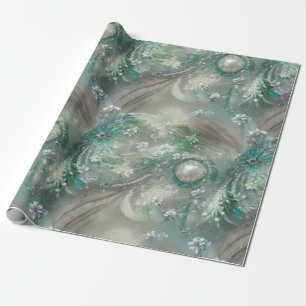 Elegant Green, Grey, and White Floral & Bejeweled Wrapping Paper