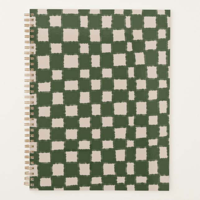 Elegant Green Grey Chequered Chequerboard Pattern Planner (Front)