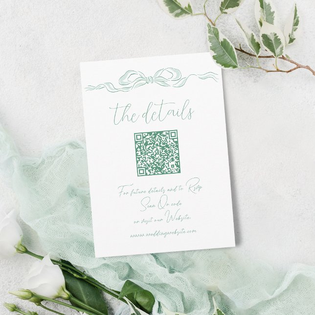 Elegant Green Hand Drawn Bow QR Code Details Enclosure Card (Elegant Green Hand Drawn Bow QR Code Details Enclosure Card)