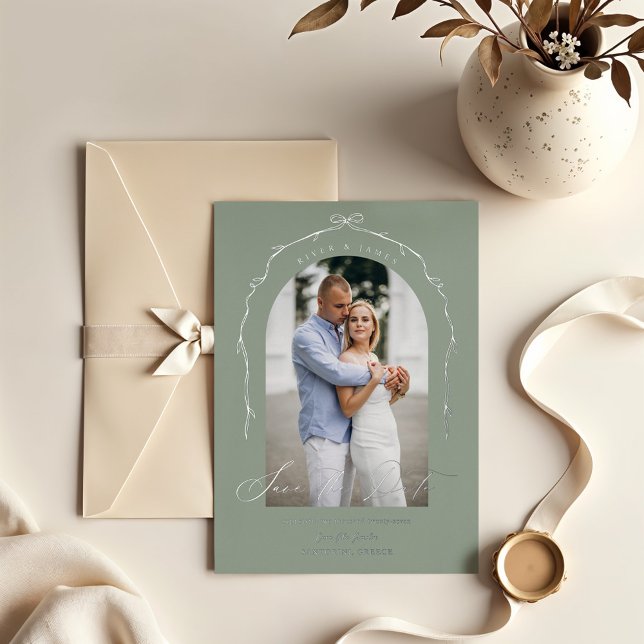 Elegant Green Hand Drawn Bow Ribbon Save The Date (Elegant Green Hand Drawn Bow Ribbon Save The Date Foil Invitation)