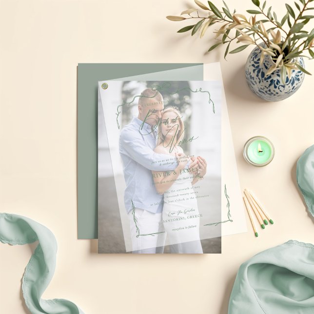 Elegant Green Hand Drawn Bow & Ribbon Wedding Vellum Invitations (Elegant Green Hand Drawn Bow & Ribbon Wedding Vellum Invitations)