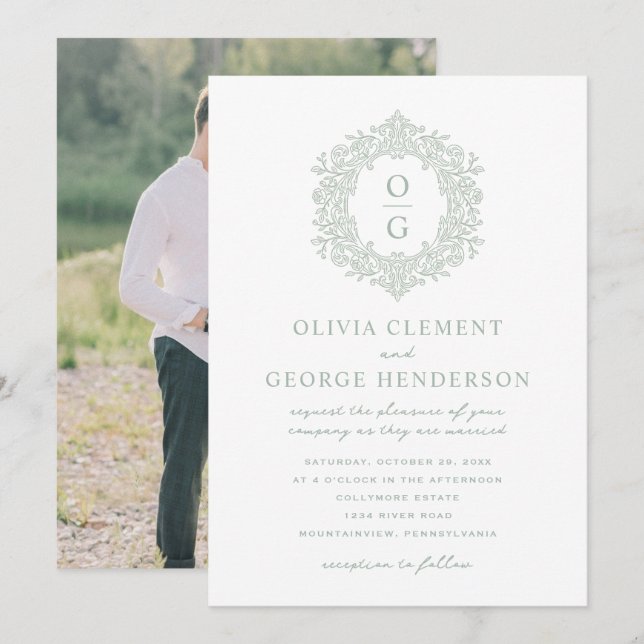 Elegant Green Heirloom Crest Wedding Invitation (Front/Back)
