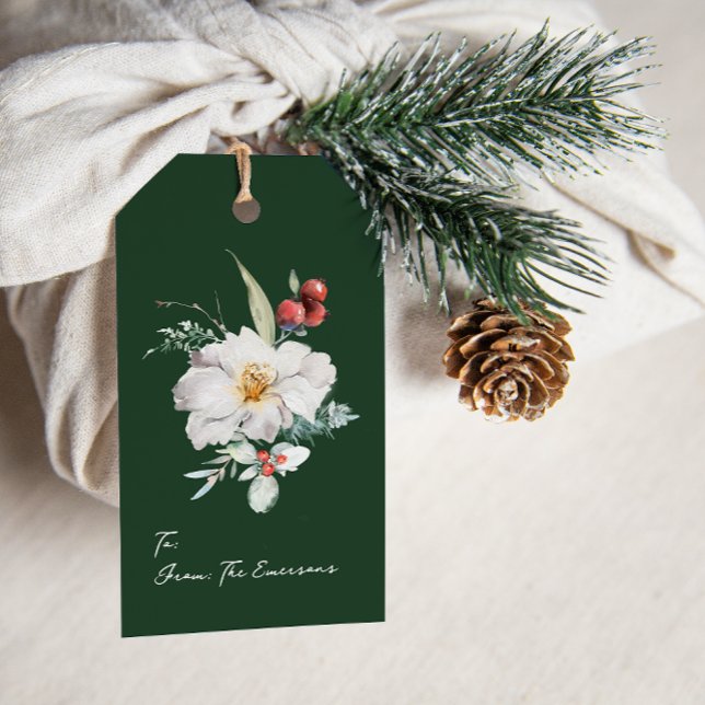 Elegant Green Holiday Gift Tags (Elegant Holiday Green Photo Merry Christmas Gift Tag Message Watercolor Berries Floral Boho Chic)
