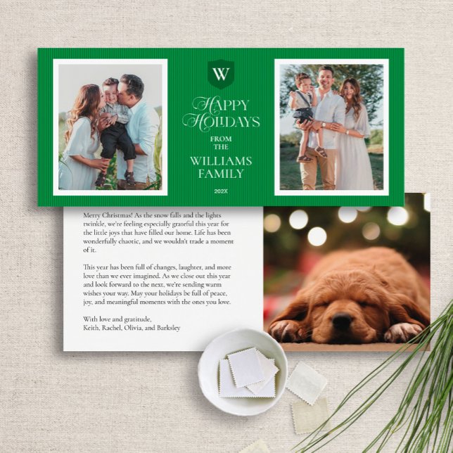 Elegant Green Holiday Monogram Photo Card (Creator Uploaded)