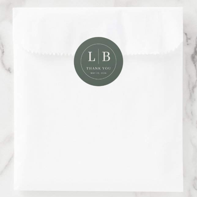 Elegant Green Initials Classic Round Sticker (Bag)