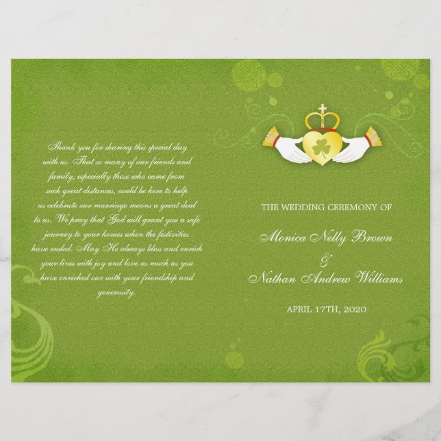 Elegant Green Irish Bi Fold Wedding Programs (Front)