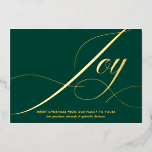 Elegant Green Joy Script Gold Foil Christmas Card