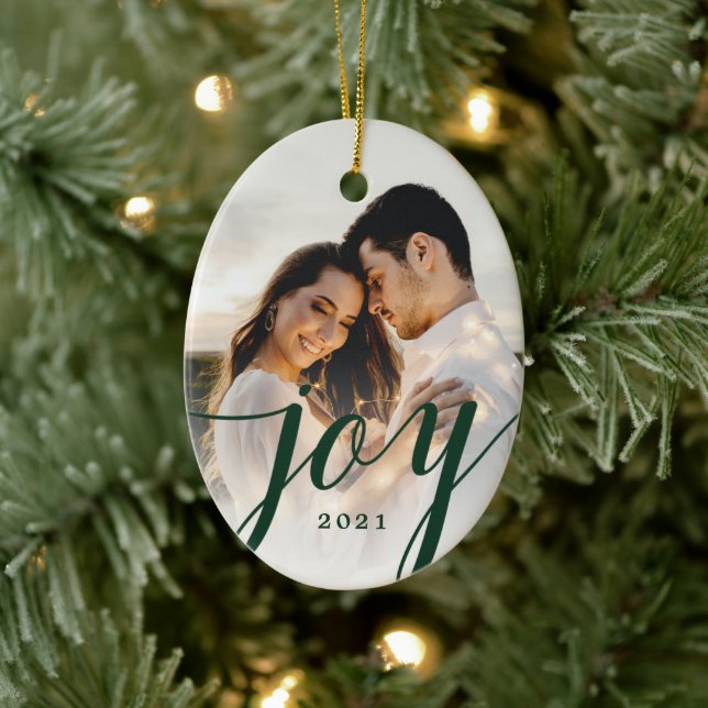 Elegant Green Joy Script Photo Christmas  Ceramic Tree Decoration (Tree)