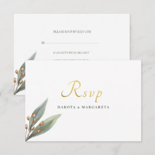Elegant green leaf botanical gold wedding RSVP Invitation