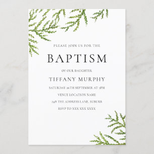 Elegant Green Leaf Boy or Girl Baptism Invitation