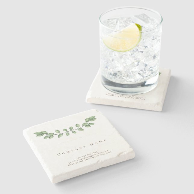 Elegant Green Leaf Company Name Stone Coaster (Side)