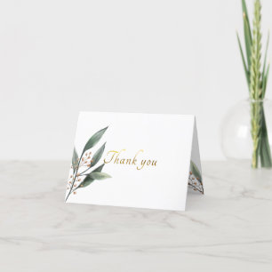 Elegant green leaf gold script thank you card