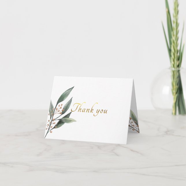 Elegant green leaf gold script thank you card (Front)
