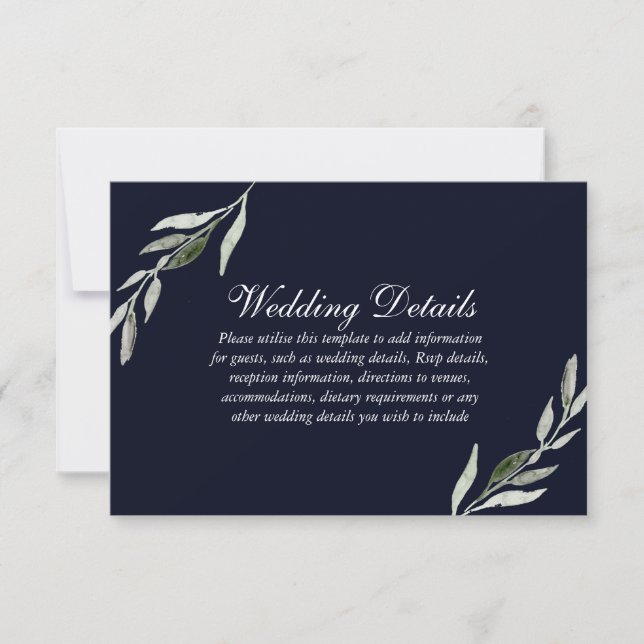 Elegant Green Leaf Navy Blue Wedding Reception Invitation (Front)