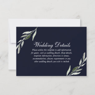 Elegant Green Leaf Navy Blue Wedding Reception Invitation