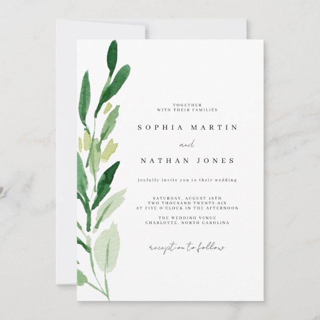 Elegant Green Leaf Watercolor Wedding Invitation (Front)
