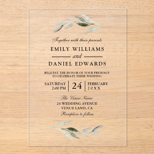 Elegant Green Leaf Wedding Acrylic Invitations (Front)