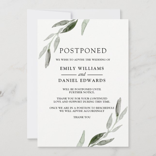 Elegant Green Leaf Wedding Postponed Announcement (Front)
