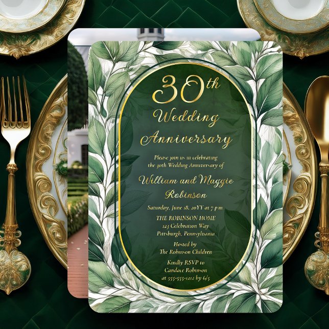 Elegant Green Leaves 30th Wedding Anniversary (Elegant Green Leaves Foliage Frame Luxury 30th Wedding Anniversary Foil Photo Invitation)