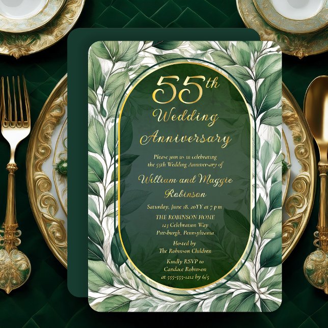 Elegant Green Leaves 55th Wedding Anniversary (Elegant Green Leaves Foliage Frame Luxury 55th Wedding Anniversary Foil Invitation)