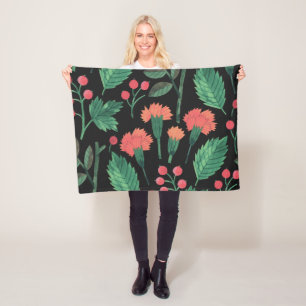 Elegant Green Leaves and Flowers Fleece Blanket