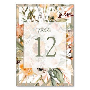 Elegant Green Leaves Autumn Floral Wedding Table Number