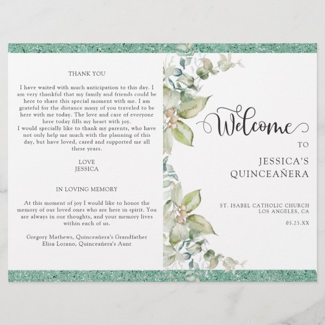 Elegant Green Leaves, Glitter Quinceañera Program (Front)