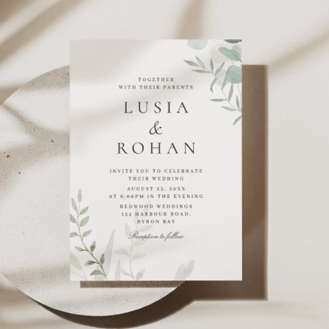 Elegant Green Leaves Modern Watercolor Wedding Invitation (Creator Uploaded)