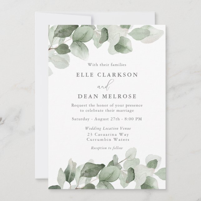 Elegant Green Leaves Modern Wedding Invitation (Front)