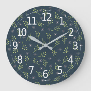 Elegant Green Leaves Pink Floral Ditsy Pattern   Large Clock