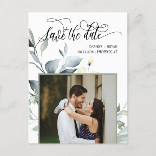 Elegant Green Leaves QR Code Photo Save the Date Announcement Postcard