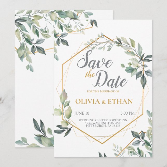 Elegant Green Leaves Wedding Invitation Template (Front/Back)
