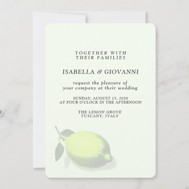 Elegant Green Lemon Tuscany Wedding Invitation (Front)