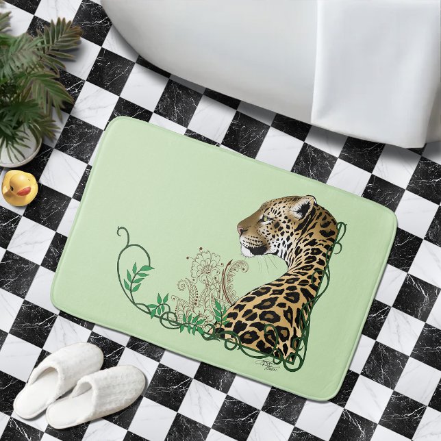 Elegant Green Leopard Botanical Henna Bath Mat (Creator Uploaded)