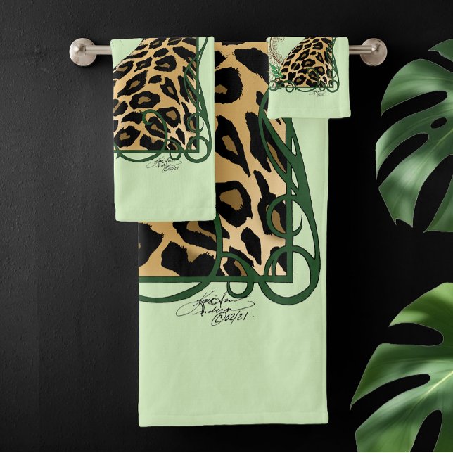 Elegant Green Leopard Botanical Henna Bath Towel Set (Creator Uploaded)