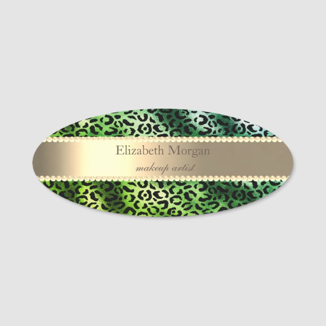 Elegant Green Leopard Print,Stripe, Pearls  Name Tag (Front)