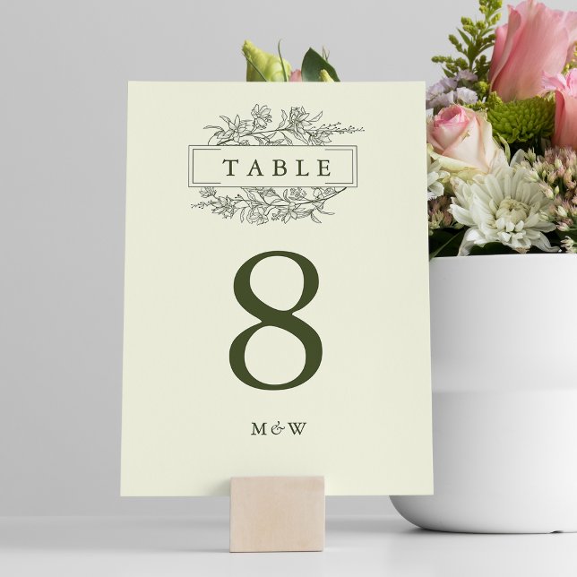 Elegant Green Line Art Floral Monogram Wedding Table Number (Creator Uploaded)