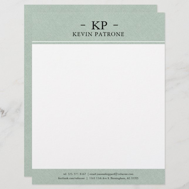Elegant Green Linen Black Minimalistic Text Custom Letterhead (Front/Back)
