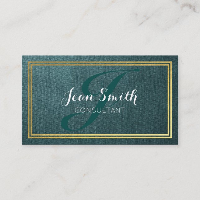 Elegant Green Linen & Gold Foil Border Consultant Business Card (Front)