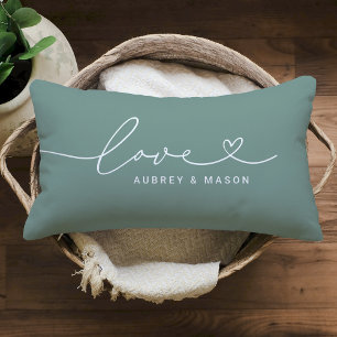 Elegant Green Love Heart Script Couple Names Lumbar Cushion