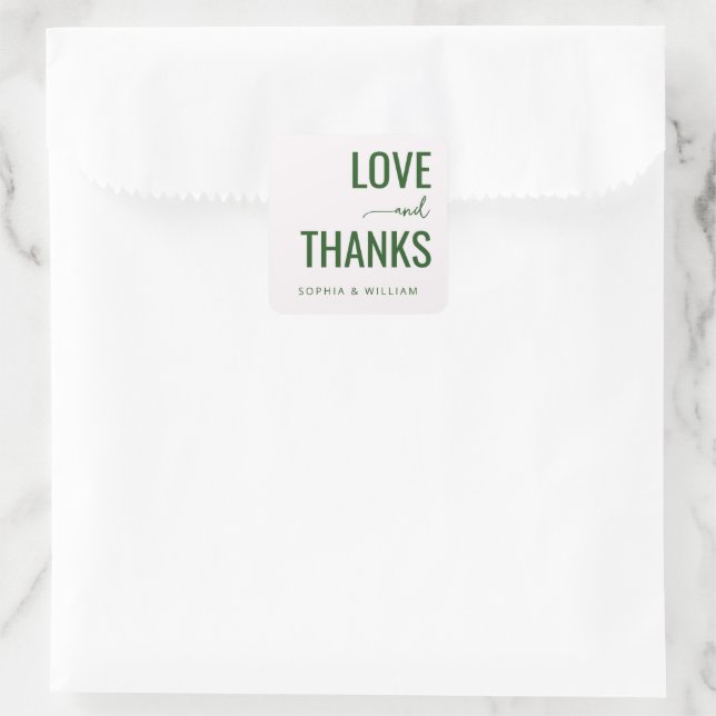 Elegant Green Love Thanks Square Sticker (Bag)
