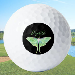 Elegant Green Luna Moth Personalised Ladies Black Golf Balls